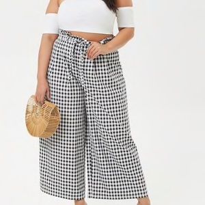 Plus size paper bag wide leg gingham pants